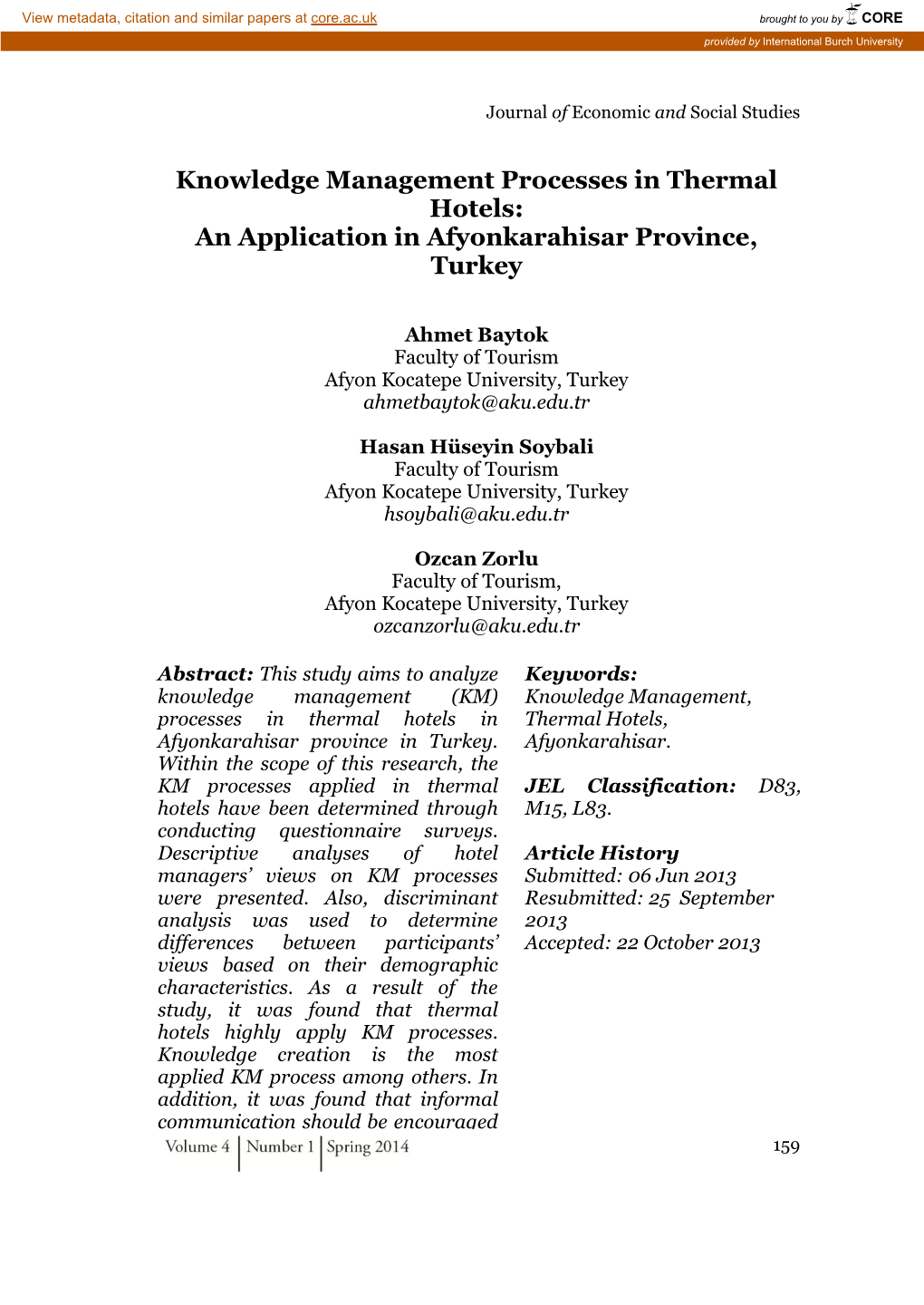 Knowledge Management Processes in Thermal Hotels: an Application in Afyonkarahisar Province, Turkey