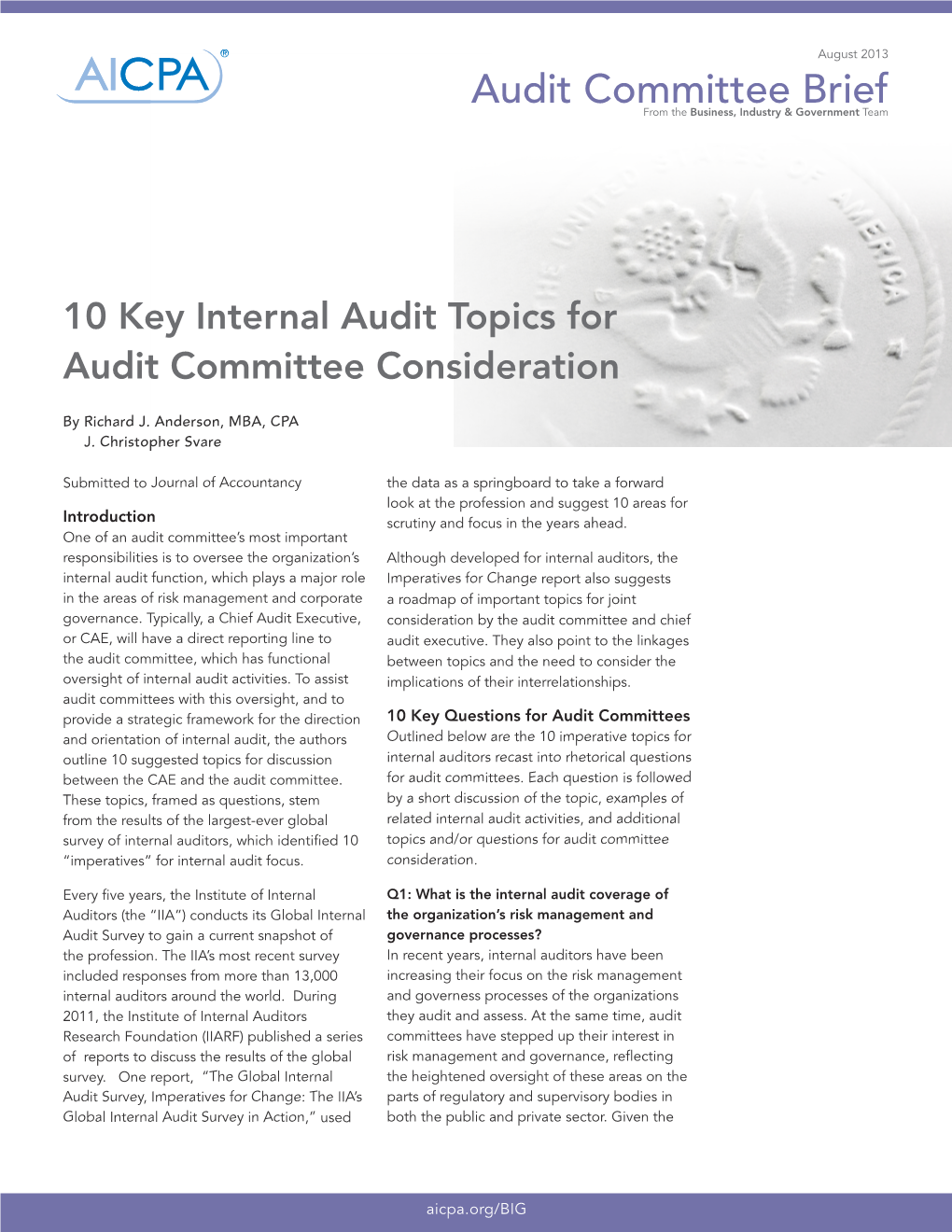 10 Key Internal Audit Topics for Audit Committee Consideration