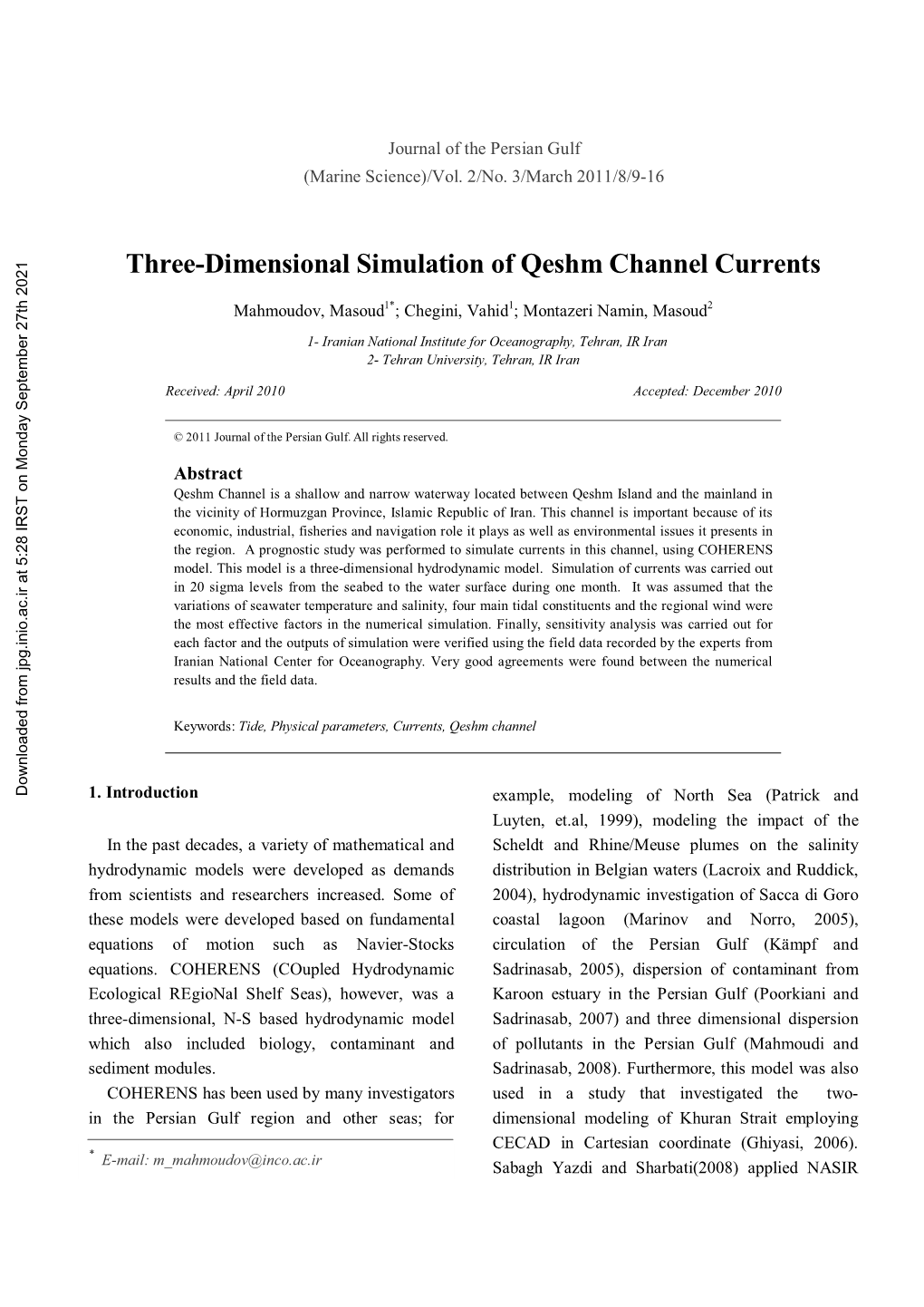Three-Dimensional Simulation of Qeshm Channel Currents