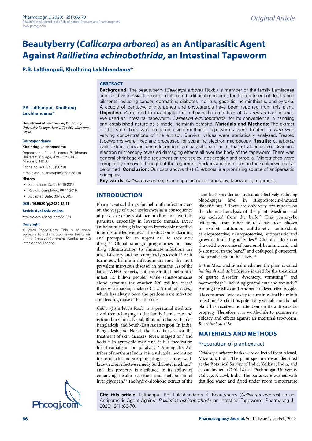 Phcogj.Com Beautyberry (Callicarpa Arborea) As an Antiparasitic Agent Against Raillietina Echinobothrida, an Intestinal Tapeworm