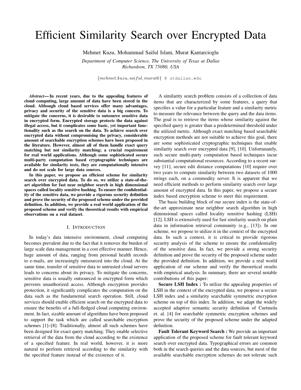 Efficient Similarity Search Over Encrypted Data