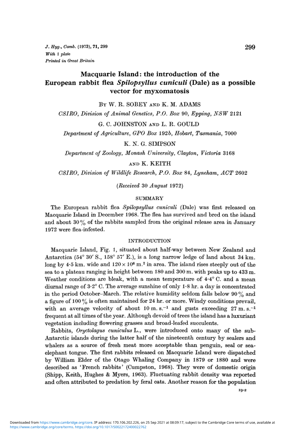 Macquarie Island: the Introduction of the European Rabbit Flea Spilopsyllus Cuniculi (Dale) As a Possible Vector for Myxomatosis