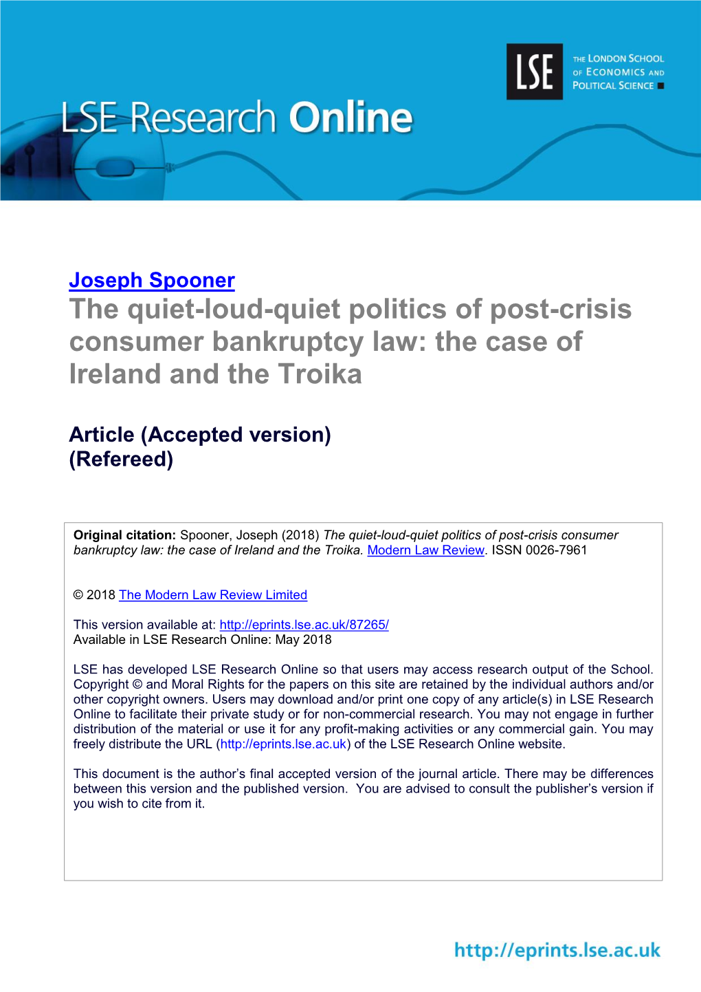 The Quiet-Loud-Quiet Politics of Post-Crisis Consumer Bankruptcy Law: the Case of Ireland and the Troika
