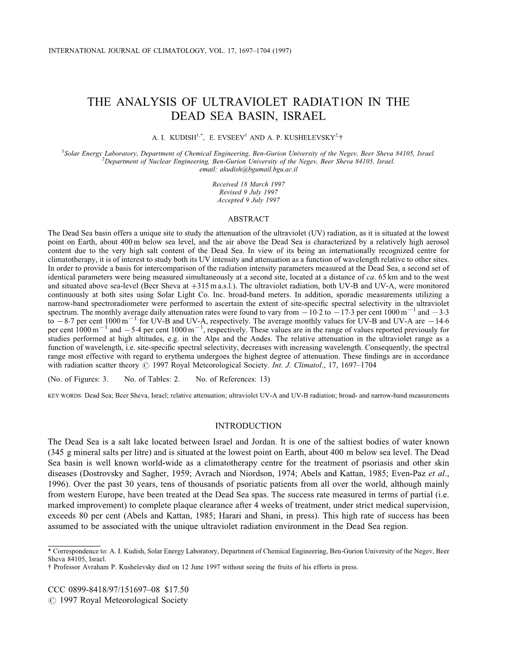 The Analysis of Ultraviolet Radiat1on in the Dead Sea Basin, Israel