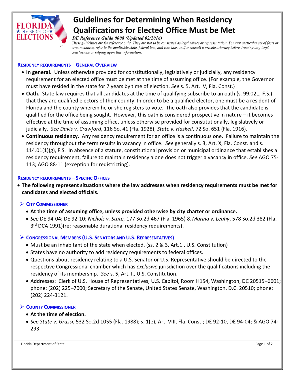 Guidelines for Determining When Residency Qualifications for Office Must Be