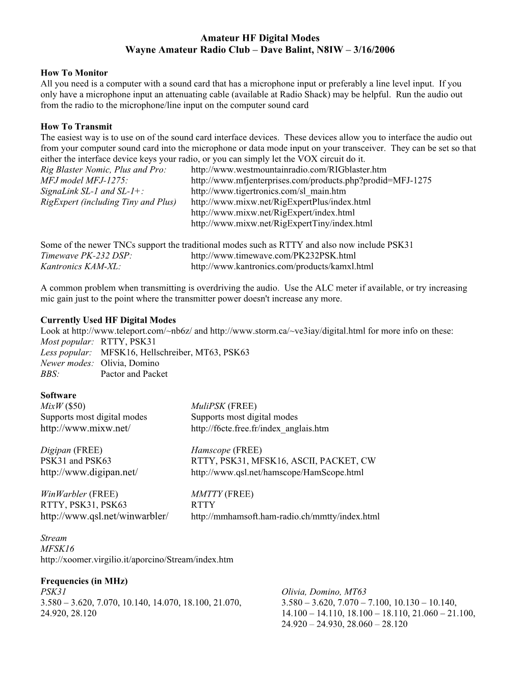 Amateur HF Digital Modes Wayne Amateur Radio Club – Dave Balint, N8IW – 3/16/2006