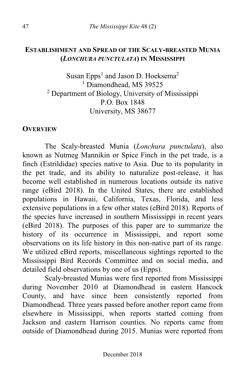 (2) December 2018 P 47 Establishment and Spread of the Scaly-Breasted Munia in Mississippi