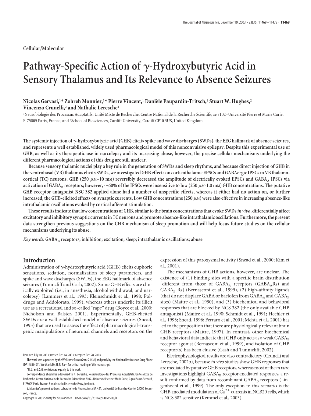 Hydroxybutyric Acid in Sensory Thalamus and Its Relevance to Absence Seizures