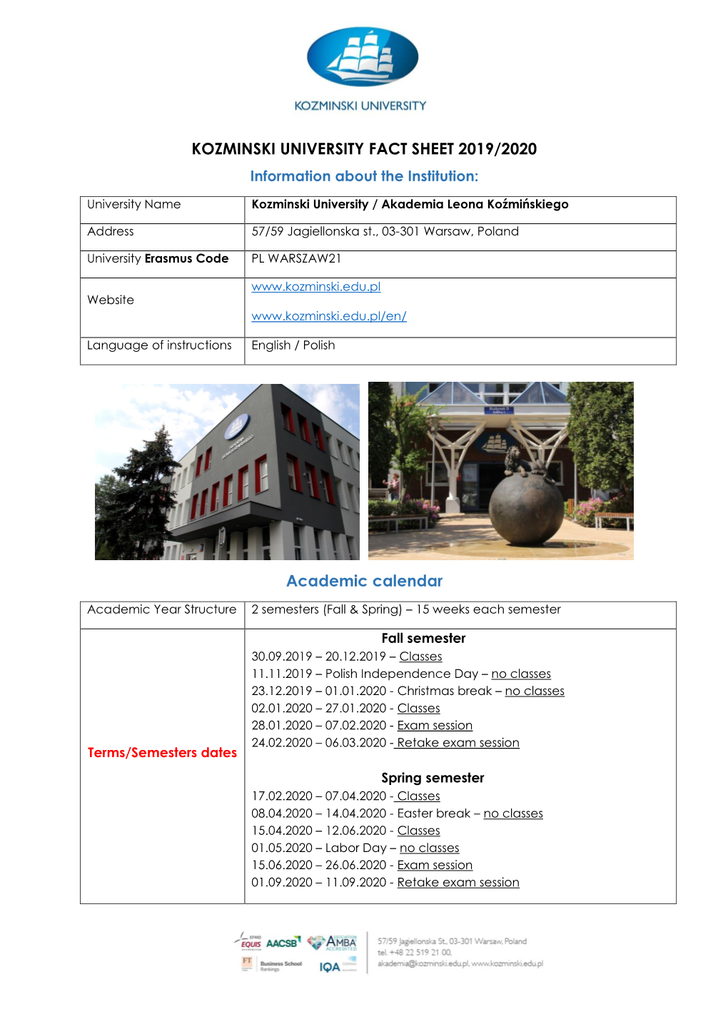 KOZMINSKI UNIVERSITY FACT SHEET 2019/2020 Academic