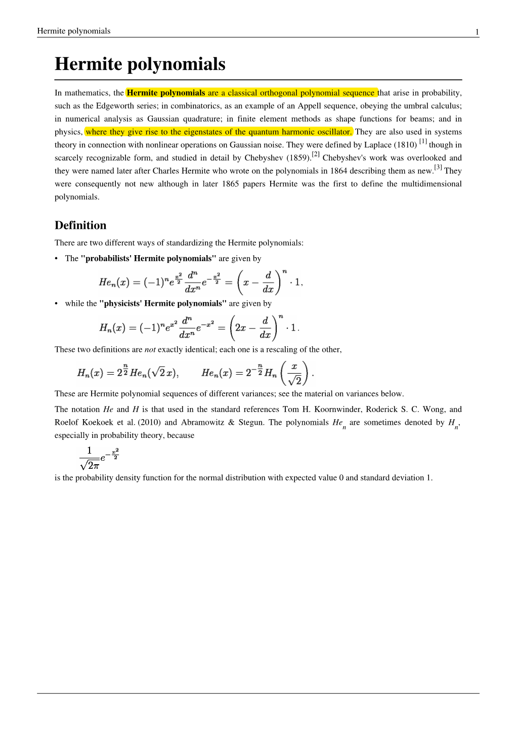 Hermite Polynomials 1 Hermite Polynomials