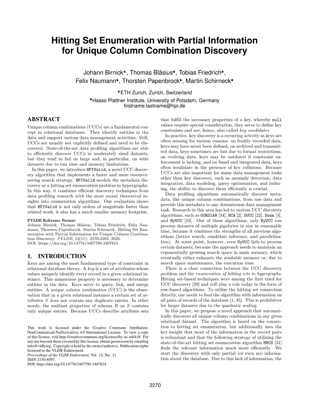 Hitting Set Enumeration with Partial Information for Unique Column Combination Discovery