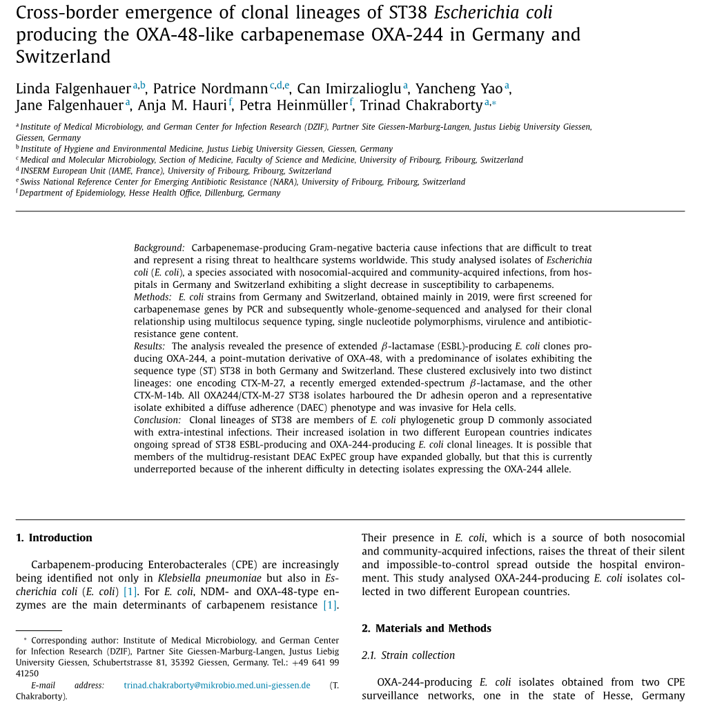 Cross-Border Emergence of Clonal Lineages of ST38 Escherichia Coli Producing the OXA-48-Like Carbapenemase OXA-244 in Germany and Switzerland