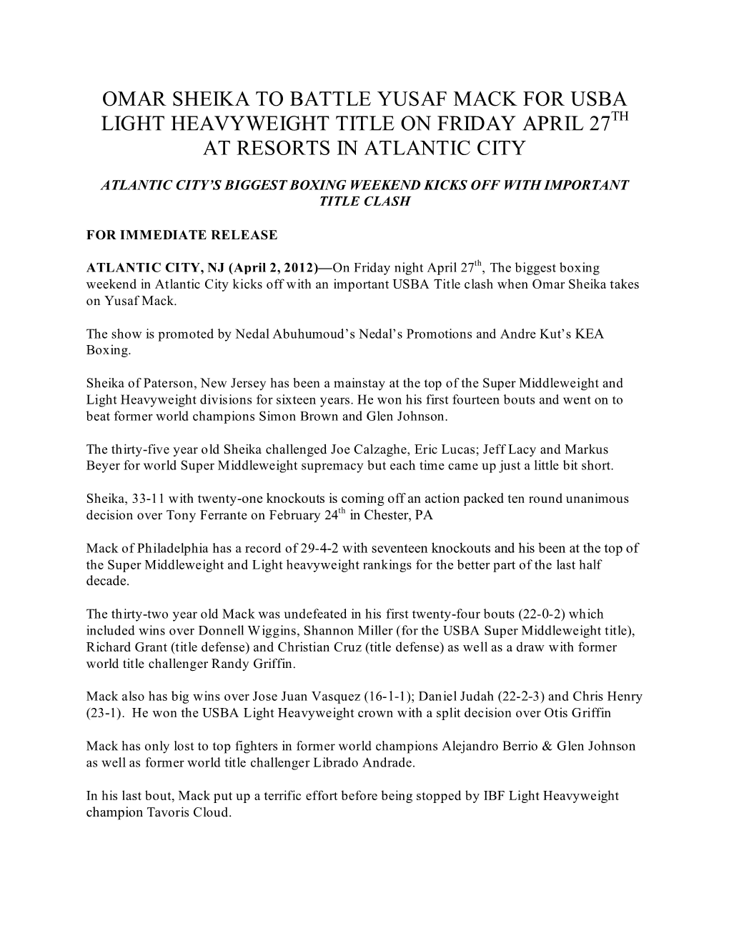 Omar Sheika to Battle Yusaf Mack for Usba Light Heavyweight Title on Friday April 27Th at Resorts in Atlantic City