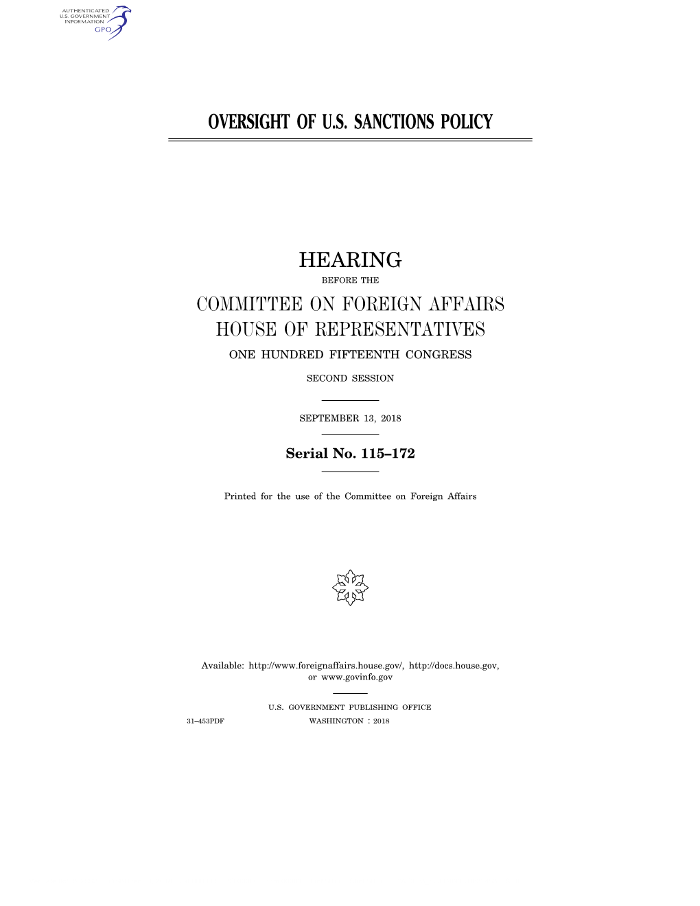 Oversight of U.S. Sanctions Policy Hearing Committee