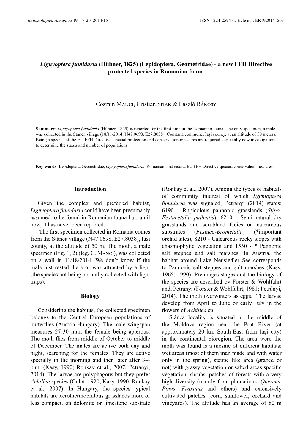 Lignyoptera Fumidaria (Hübner, 1825) (Lepidoptera, Geometridae) - a New FFH Directive Protected Species in Romanian Fauna