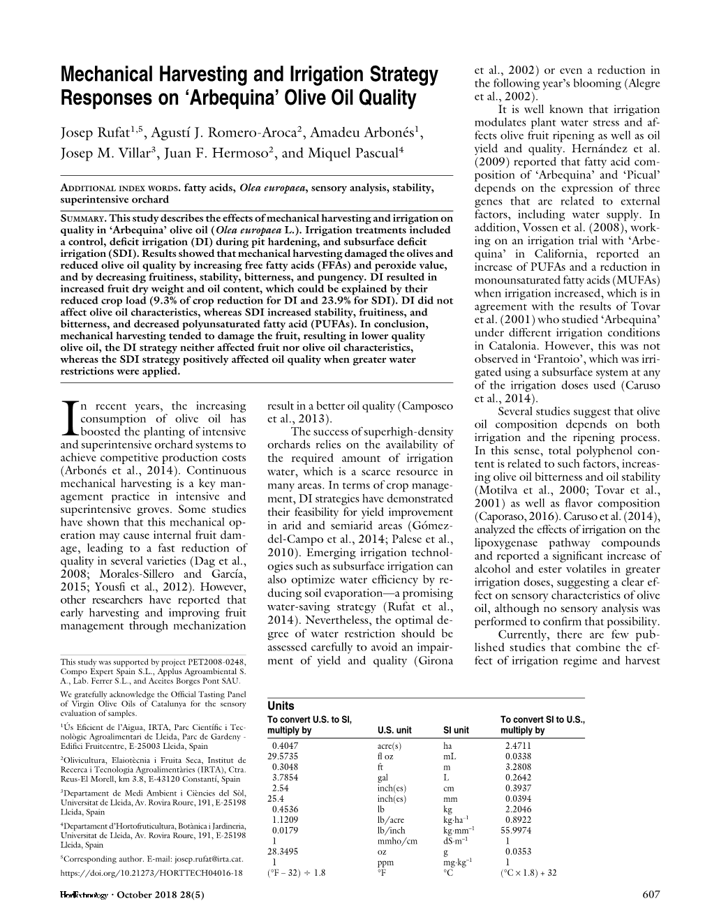 Mechanical Harvesting and Irrigation Strategy Responses on 'Arbequina