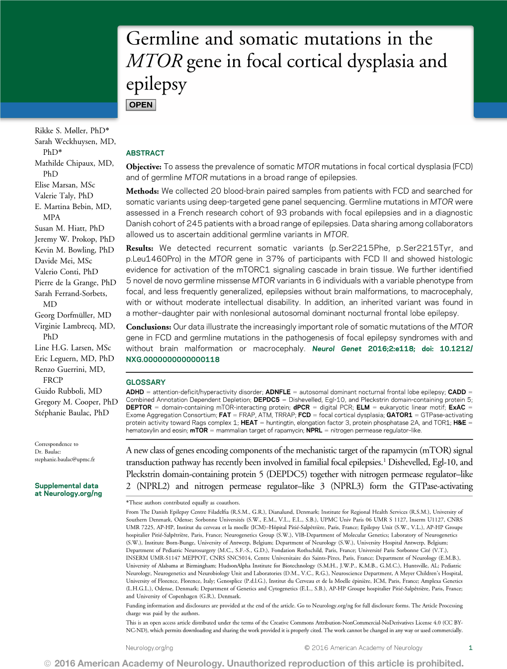 Germline and Somatic Mutations in the MTOR Gene in Focal Cortical Dysplasia and Epilepsy