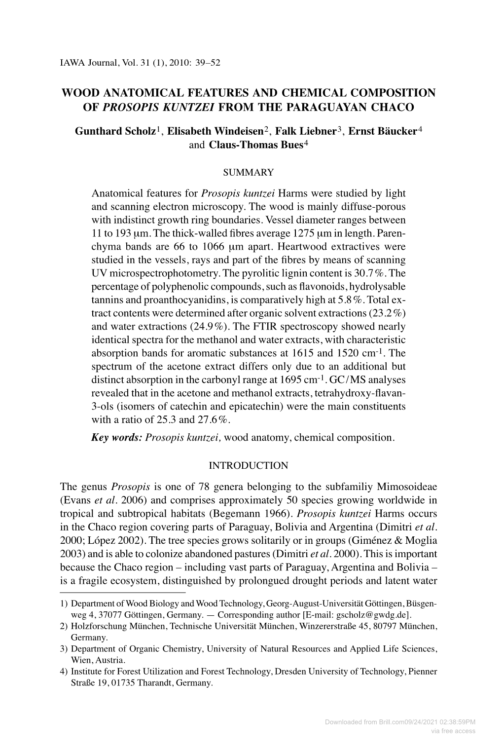 Wood Anatomical Features and Chemical Composition of Prosopis Kuntzei from the Paraguayan Chaco