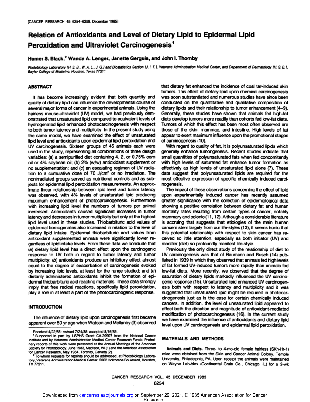 Relation of Antioxidants and Level of Dietary Lipid to Epidermal Lipid Peroxidation and Ultraviolet Carcinogenesis1