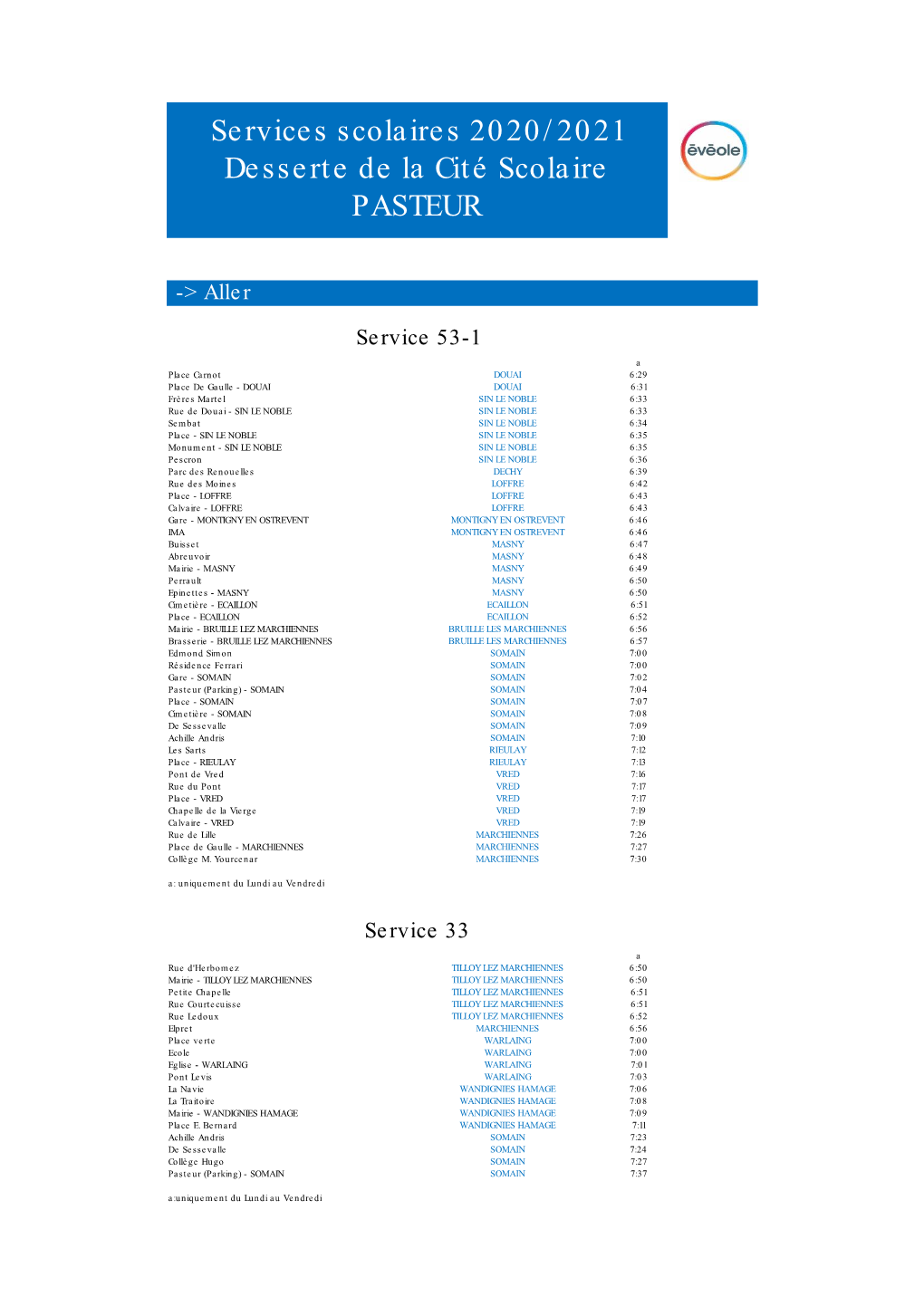 Services Scolaires 2020/2021 Desserte De La Cité Scolaire PASTEUR