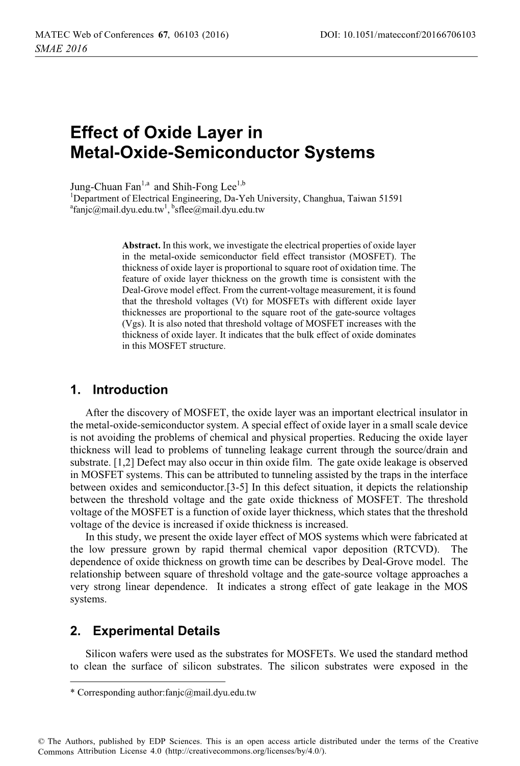 Effect of Oxide Layer in Metal-Oxide-Semiconductor Systems