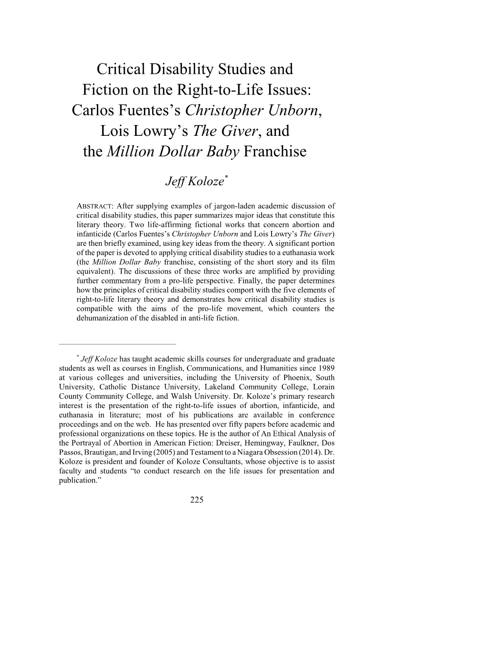 Critical Disability Studies and Fiction on the Right-To-Life Issues