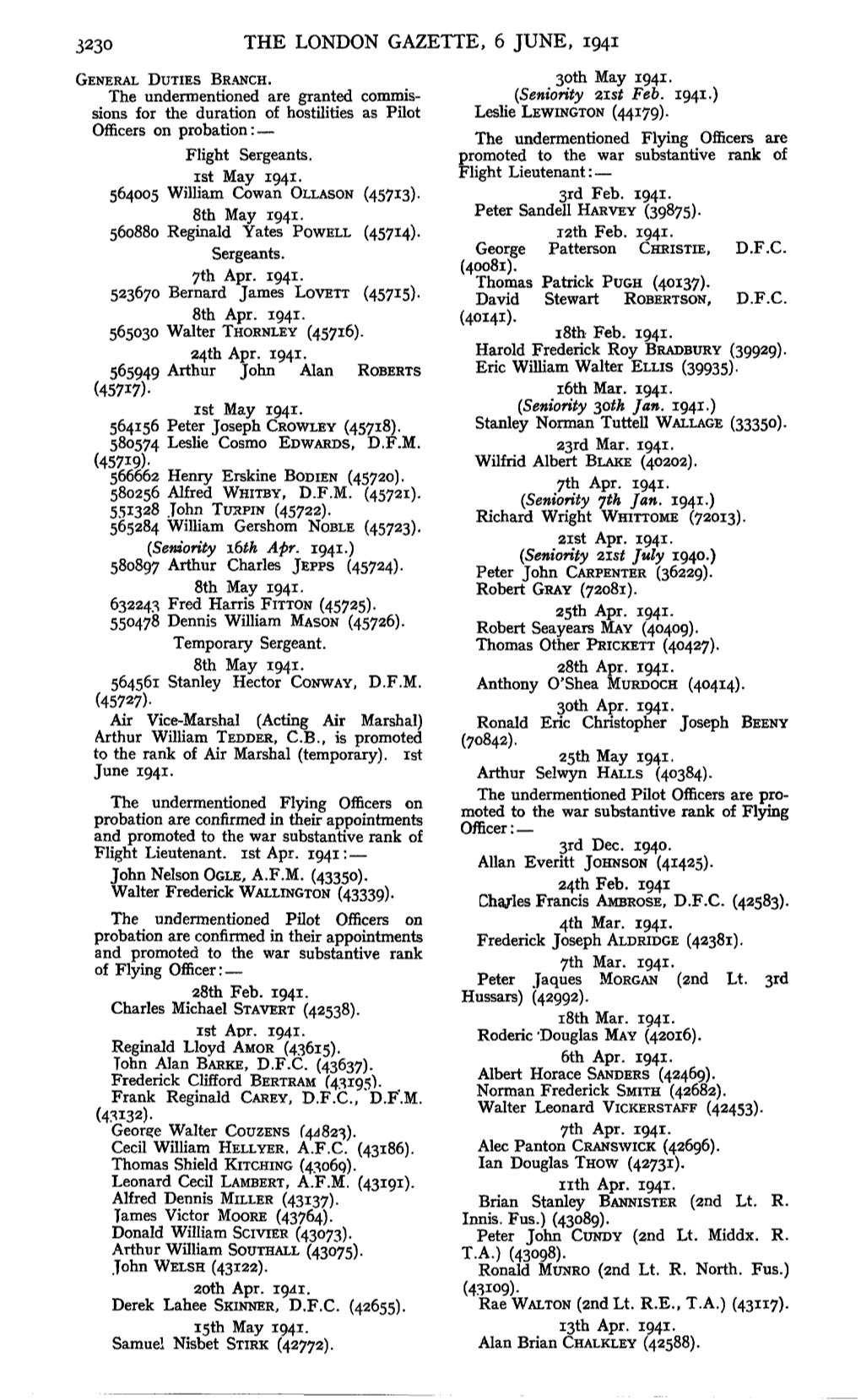 3230 the London Gazette, 6 June, 1941 General Duties Branch