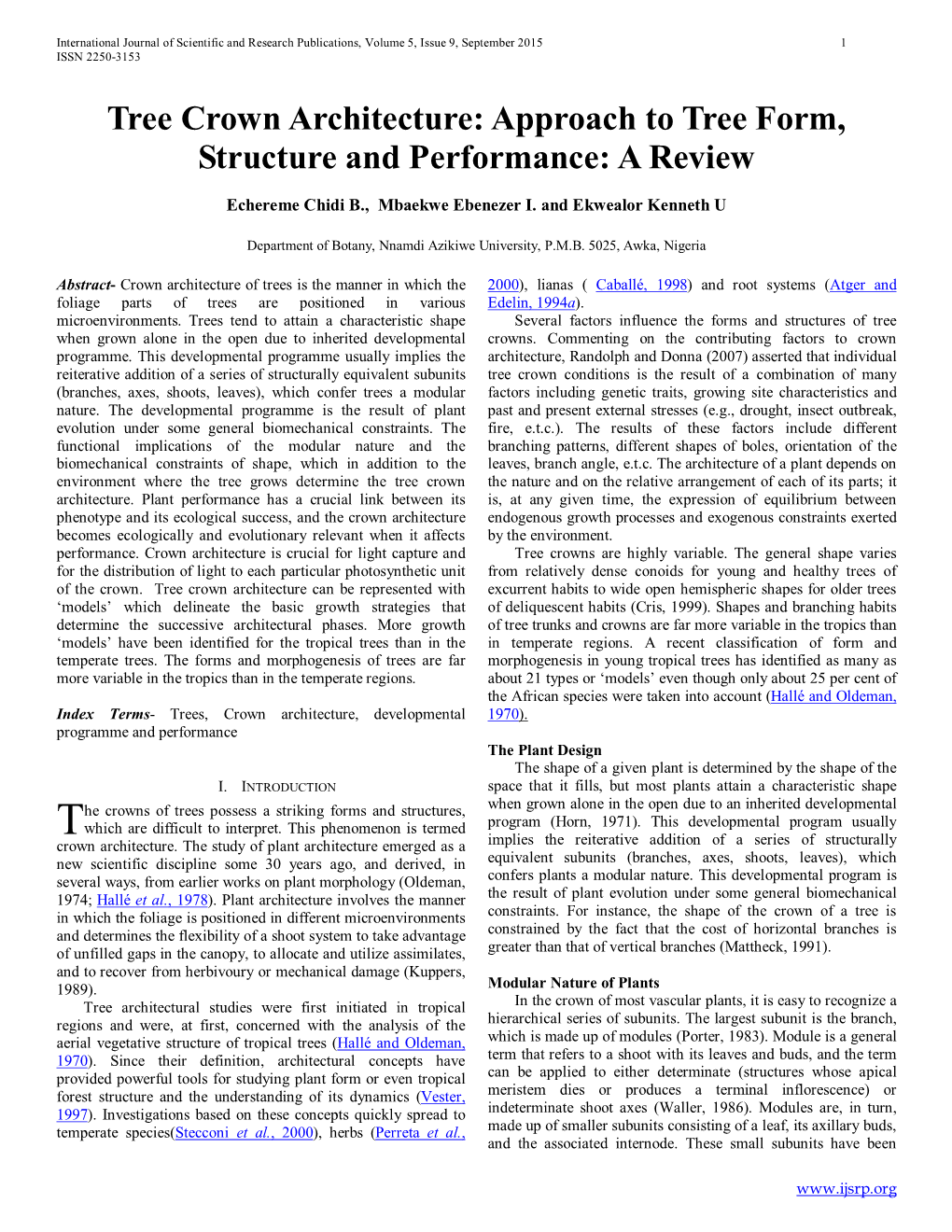 Tree Crown Architecture: Approach to Tree Form, Structure and Performance: a Review