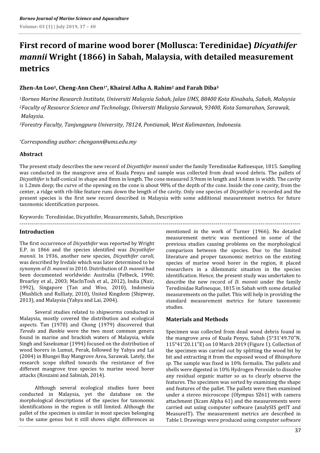 First Record of Marine Wood Borer (Mollusca: Teredinidae) Dicyathifer Mannii Wright (1866) in Sabah, Malaysia, with Detailed Measurement Metrics