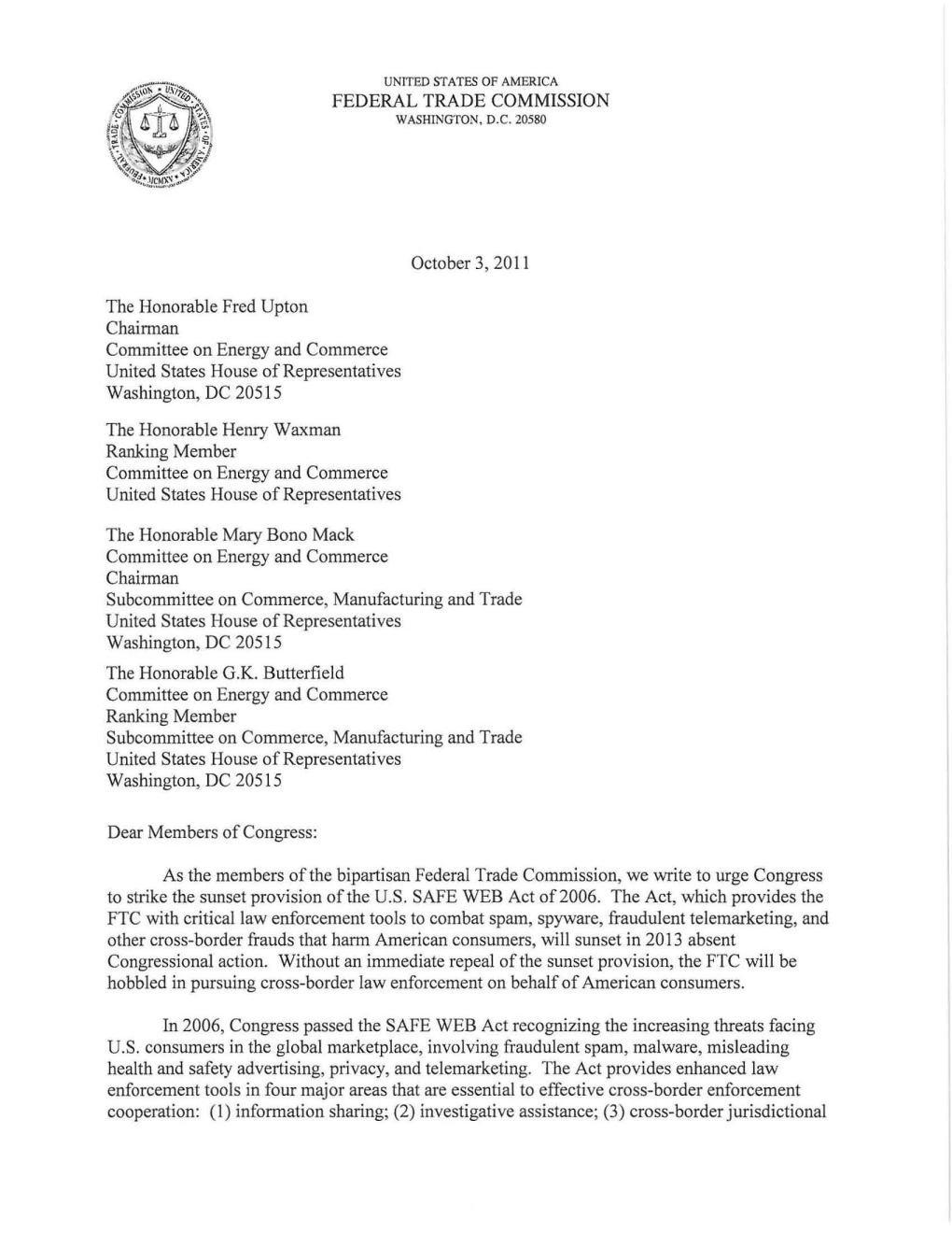 Commission Letter to the Honorable Fred Upton, Henry Waxman, Mary