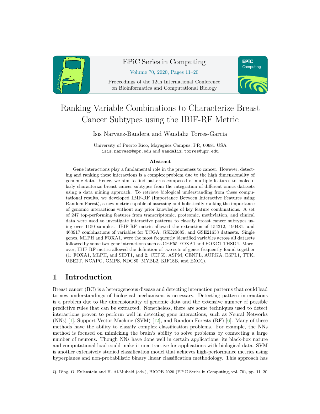 Ranking Variable Combinations to Characterize Breast Cancer Subtypes Using the IBIF-RF Metric