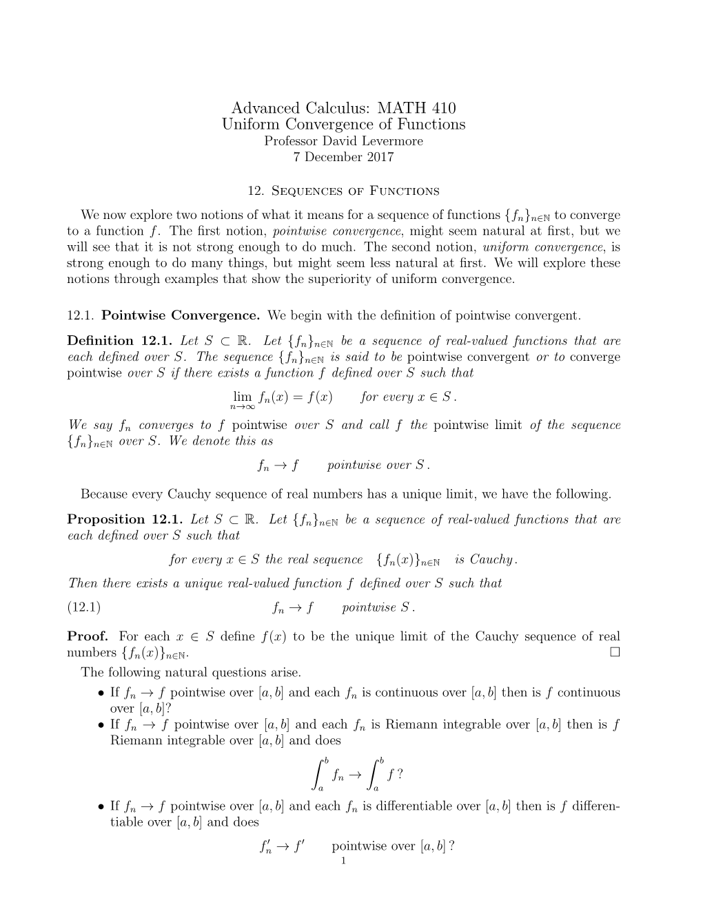 MATH 410 Uniform Convergence of Functions Professor David Levermore 7 December 2017