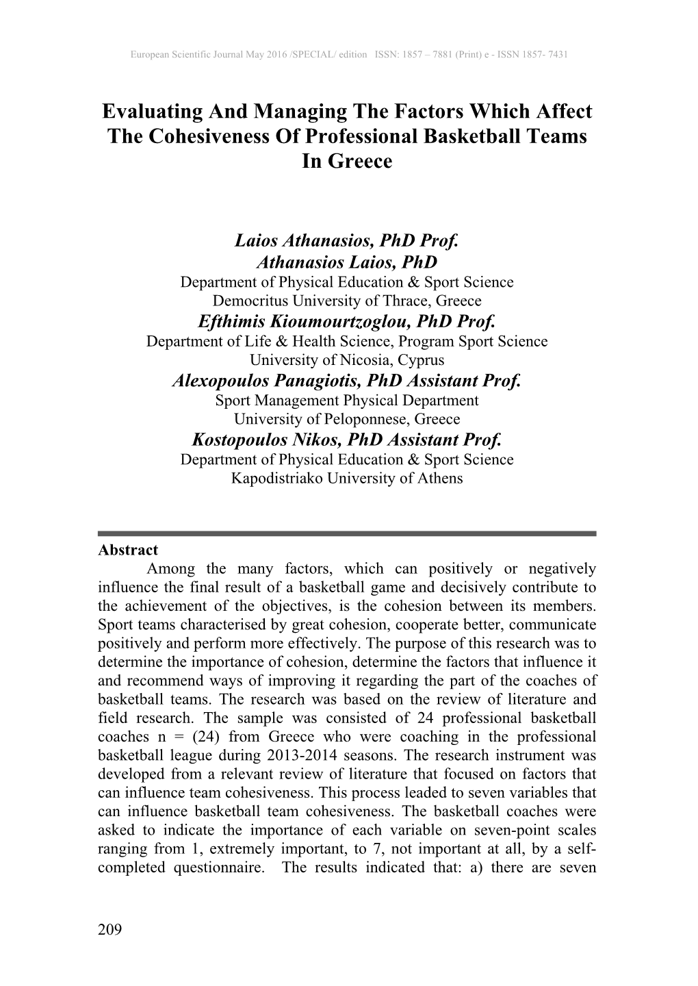 Evaluating and Managing the Factors Which Affect the Cohesiveness of Professional Basketball Teams in Greece