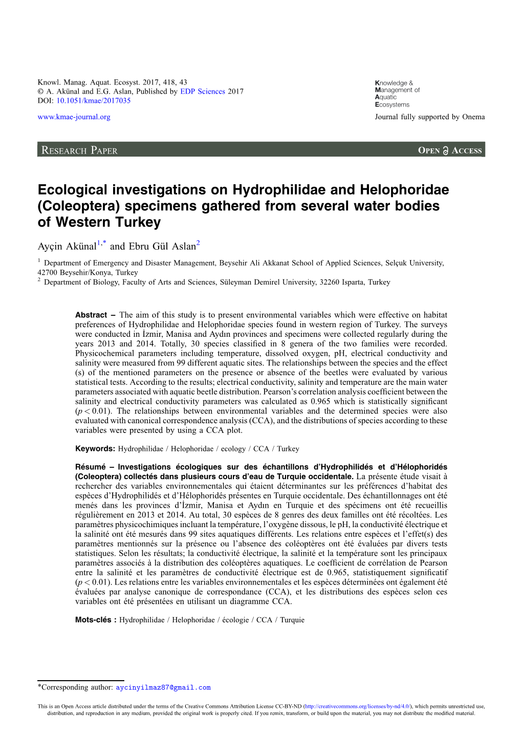 Ecological Investigations on Hydrophilidae and Helophoridae (Coleoptera) Specimens Gathered from Several Water Bodies of Western Turkey