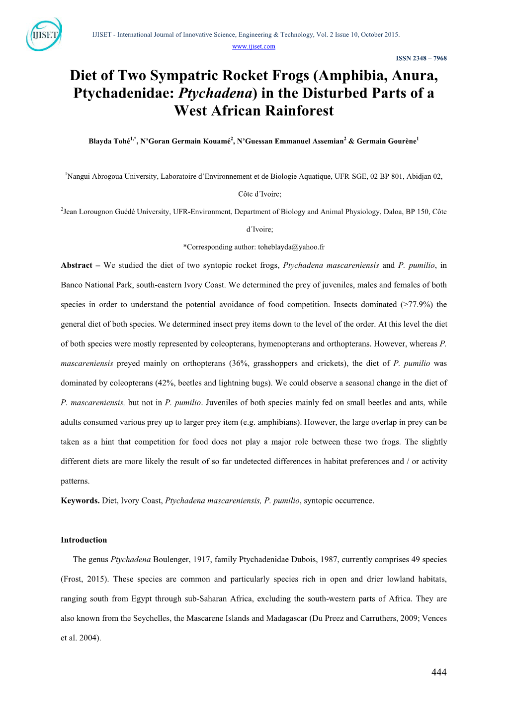 Diet of Two Sympatric Rocket Frogs (Amphibia, Anura, Ptychadenidae: Ptychadena) in the Disturbed Parts of a West African Rainforest