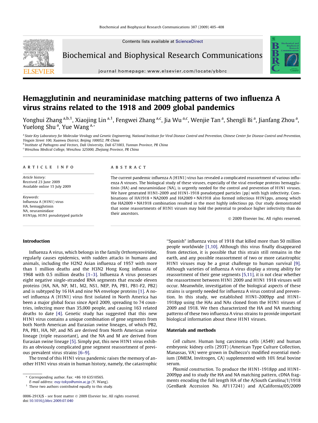 Hemagglutinin and Neuraminidase Matching Patterns of Two Influenza