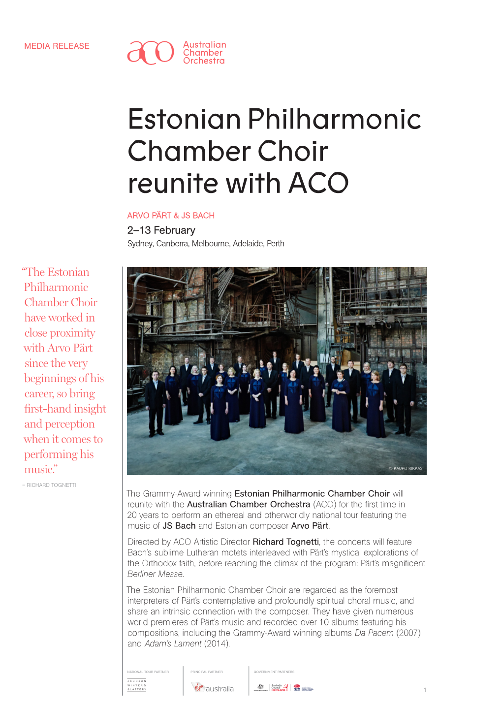Estonian Philharmonic Chamber Choir Reunite with ACO