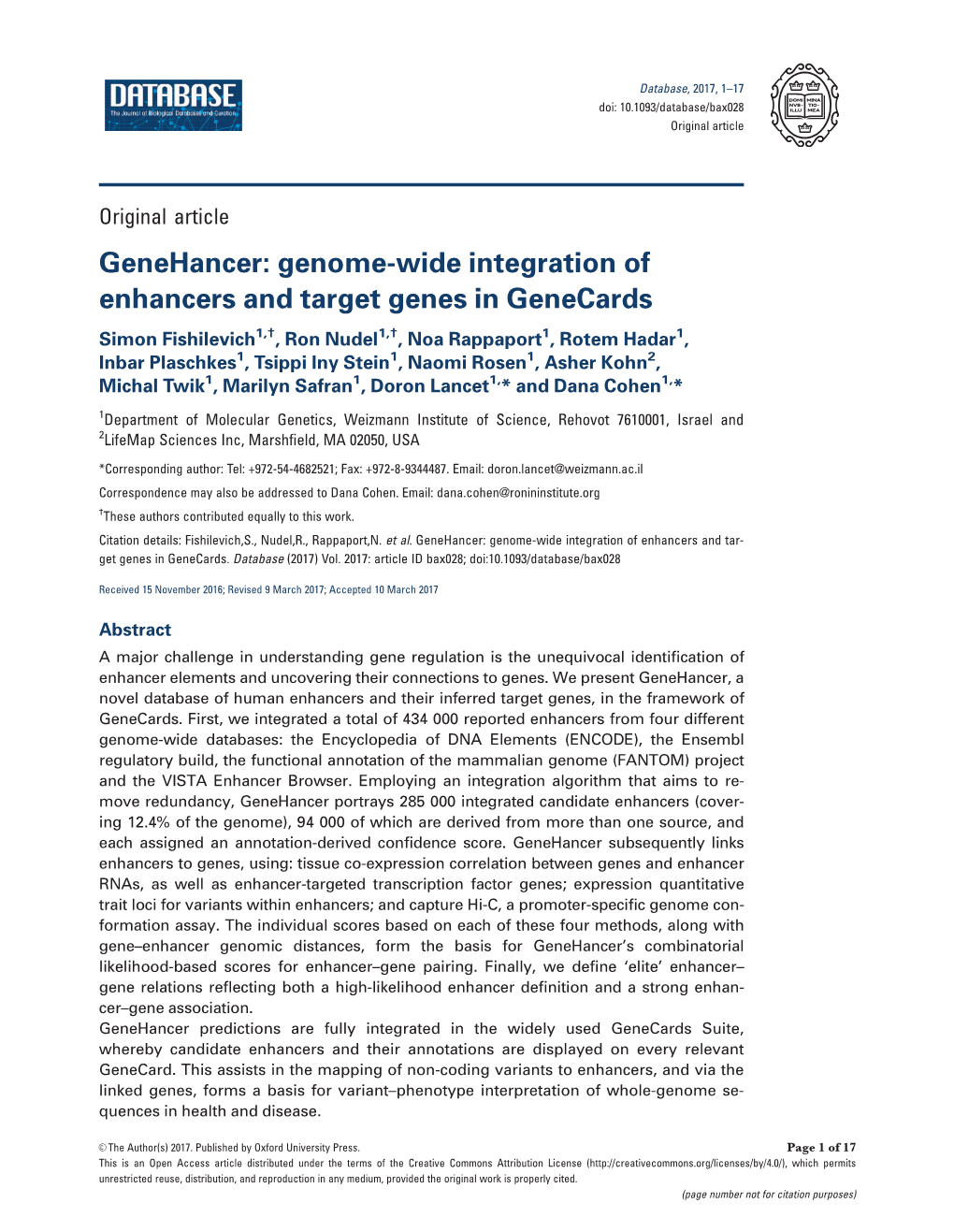 Genehancer: Genome-Wide Integration of Enhancers and Target