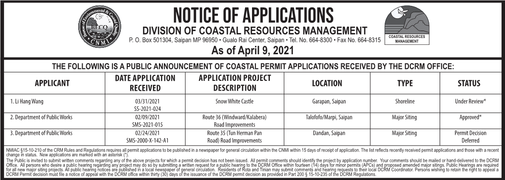 Notice of Applications DIVISION of COASTAL RESOURCES MANAGEMENT P