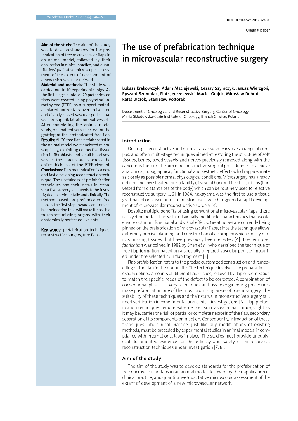 The Use of Prefabrication Technique in Microvascular Reconstructive Surgery 547