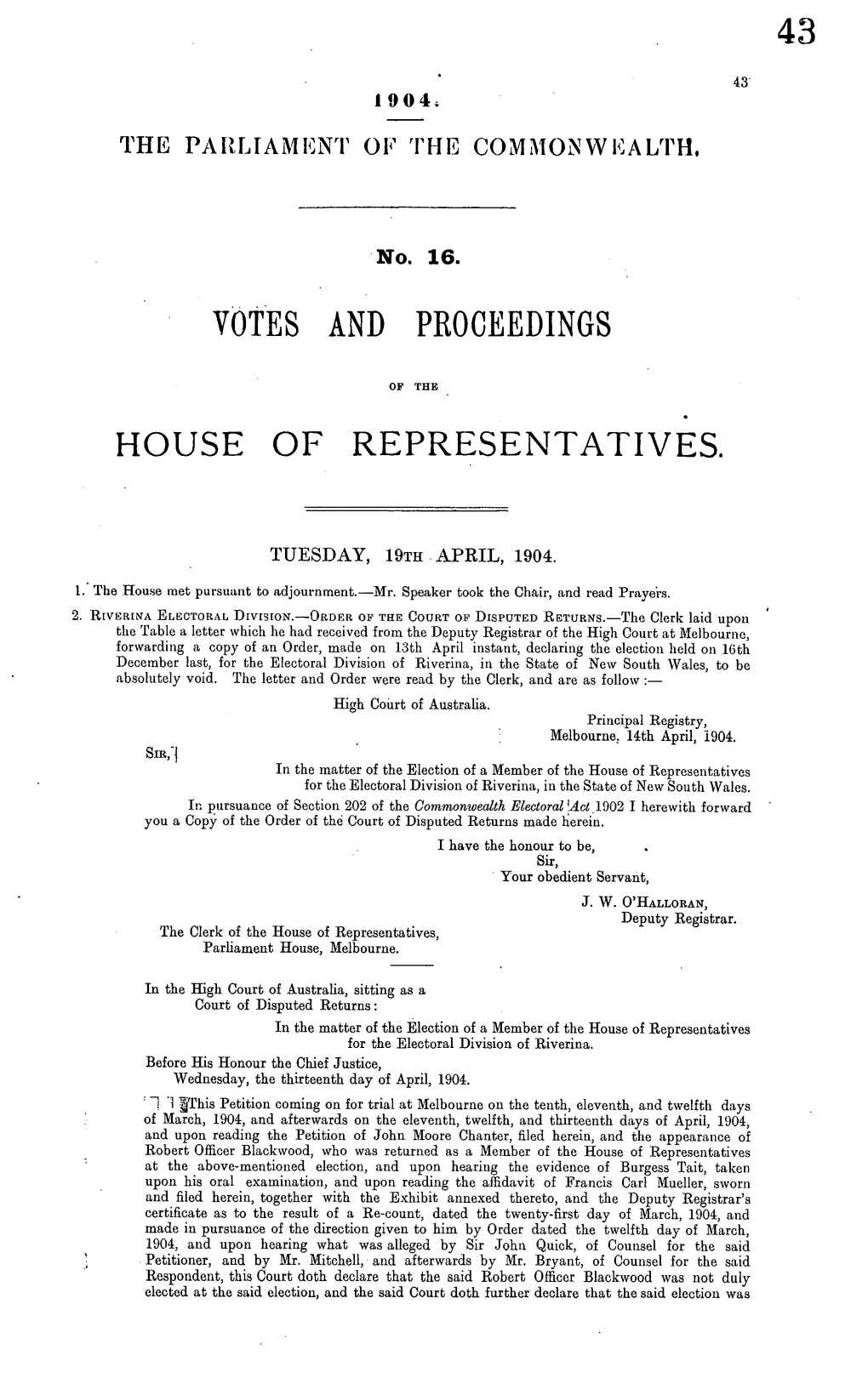 43 Votes and Proceedings House of Representatives