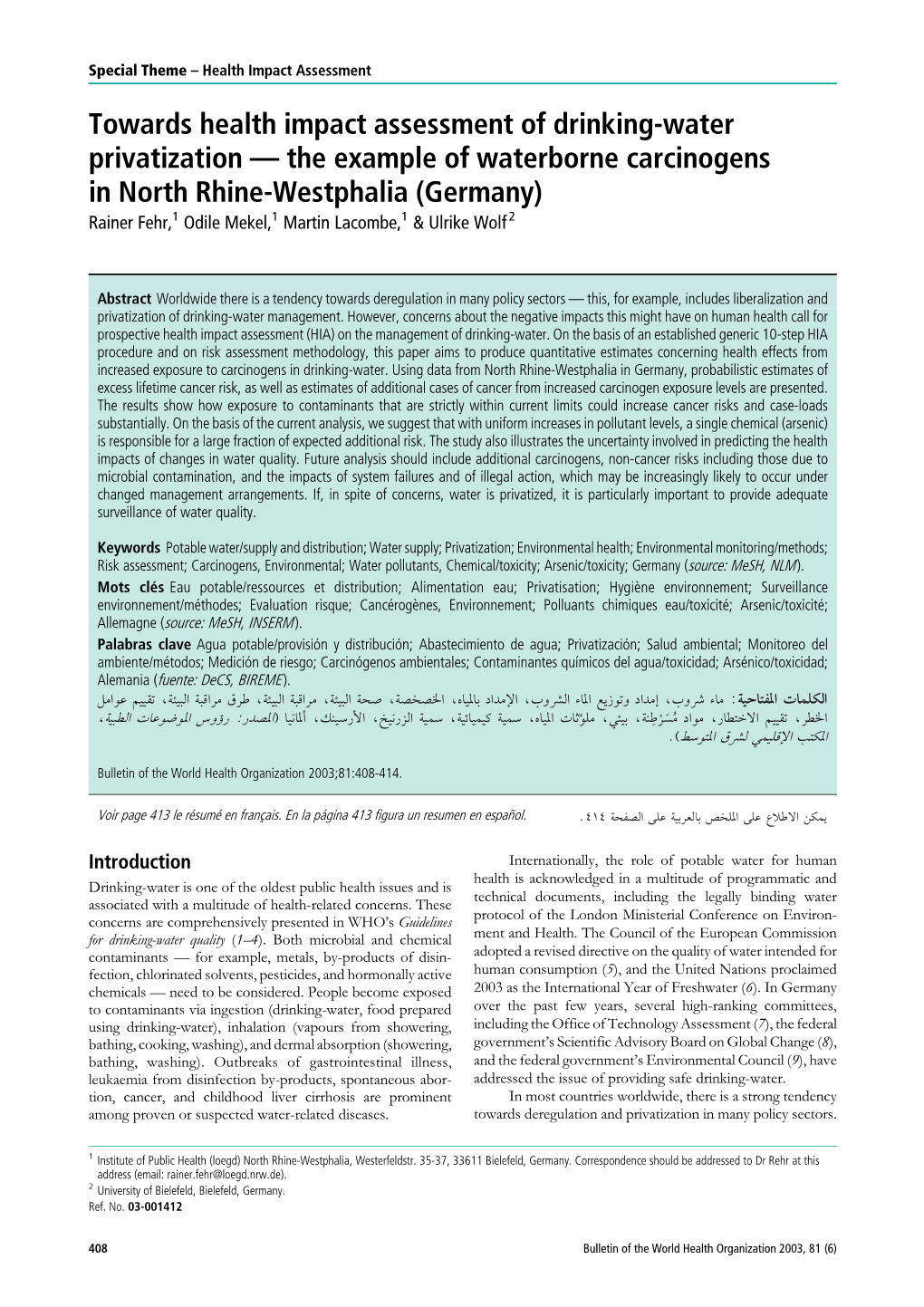 Towards Health Impact Assessment of Drinking-Water Privatization