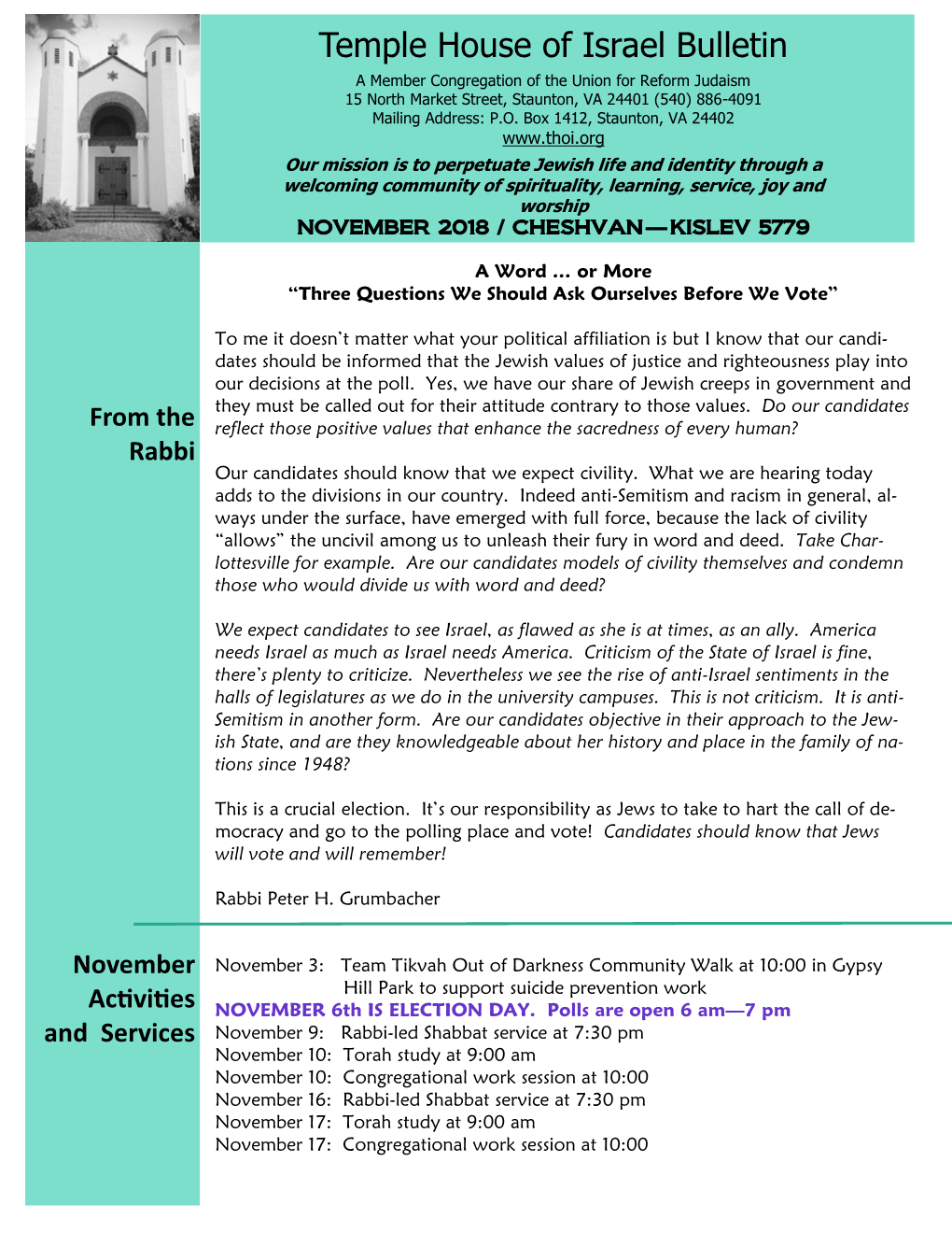 Temple House of Israel Bulletin a Member Congregation of the Union for Reform Judaism 15 North Market Street, Staunton, VA 24401 (540) 886-4091 Mailing Address: P.O