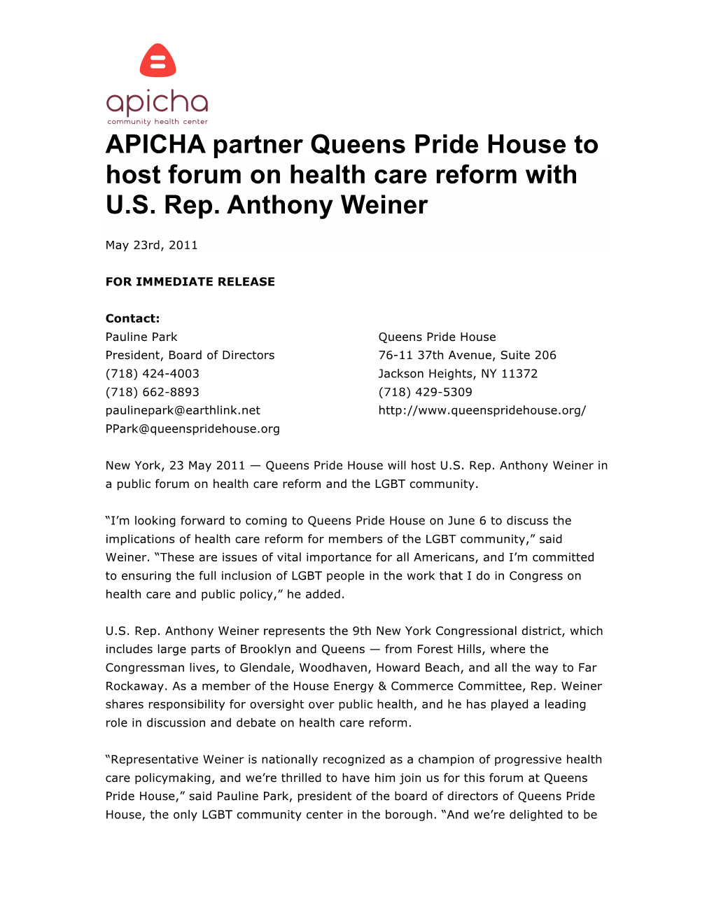 APICHA Partner Queens Pride House to Host Forum on Health Care Reform with U.S