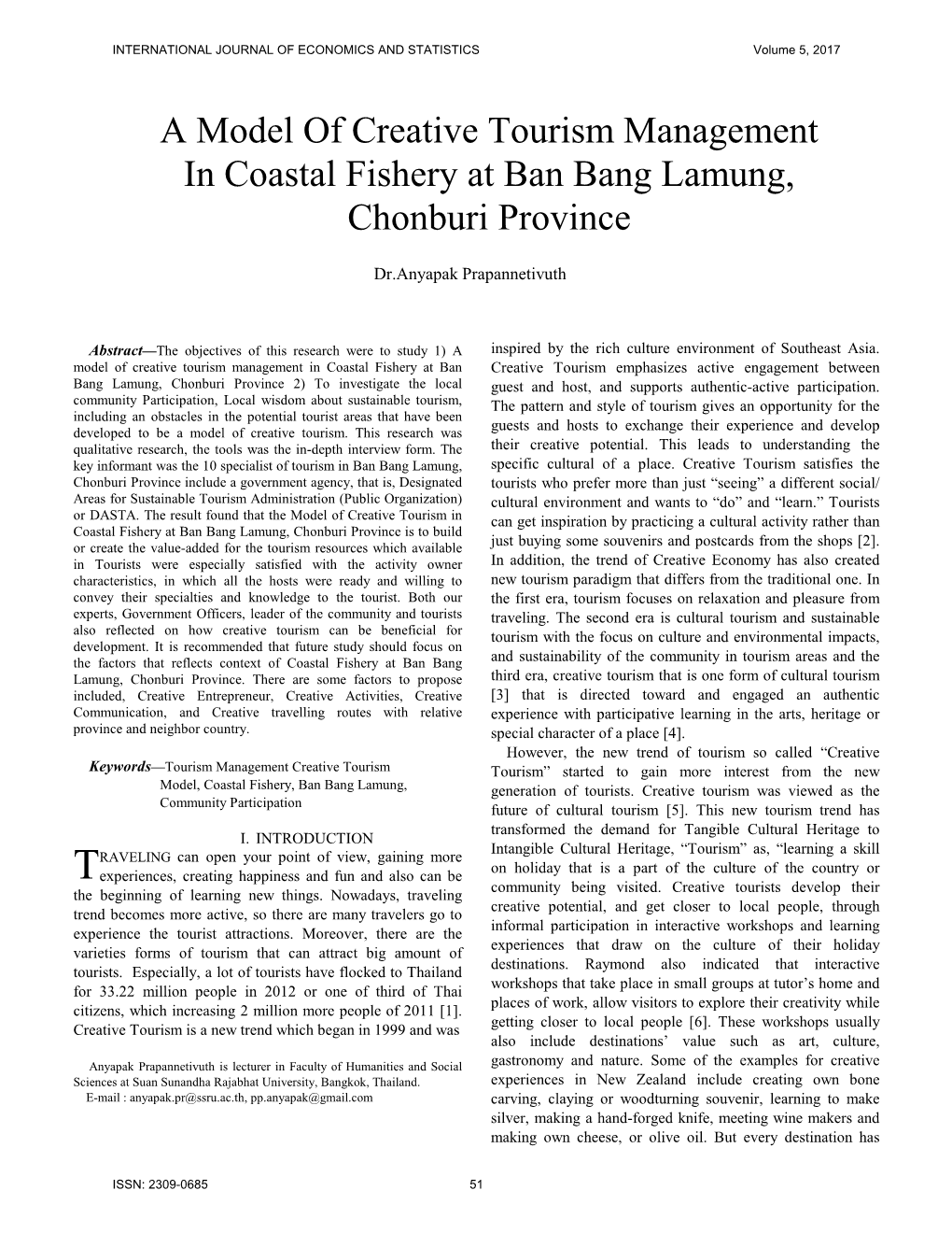 A Model of Creative Tourism Management in Coastal Fishery at Ban Bang Lamung, Chonburi Province