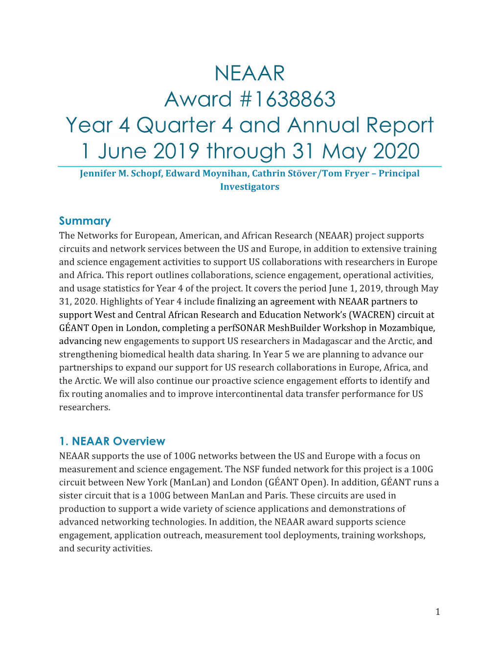 NEAAR Award #1638863 Year 4 Quarter 4 and Annual Report 1 June 2019 Through 31 May 2020 Jennifer M