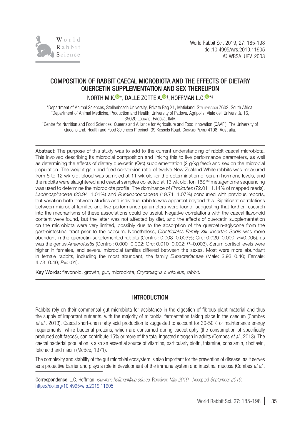 Composition of Rabbit Caecal Microbiota and the Effects of Dietary Quercetin Supplementation and Sex Thereupon North M.K