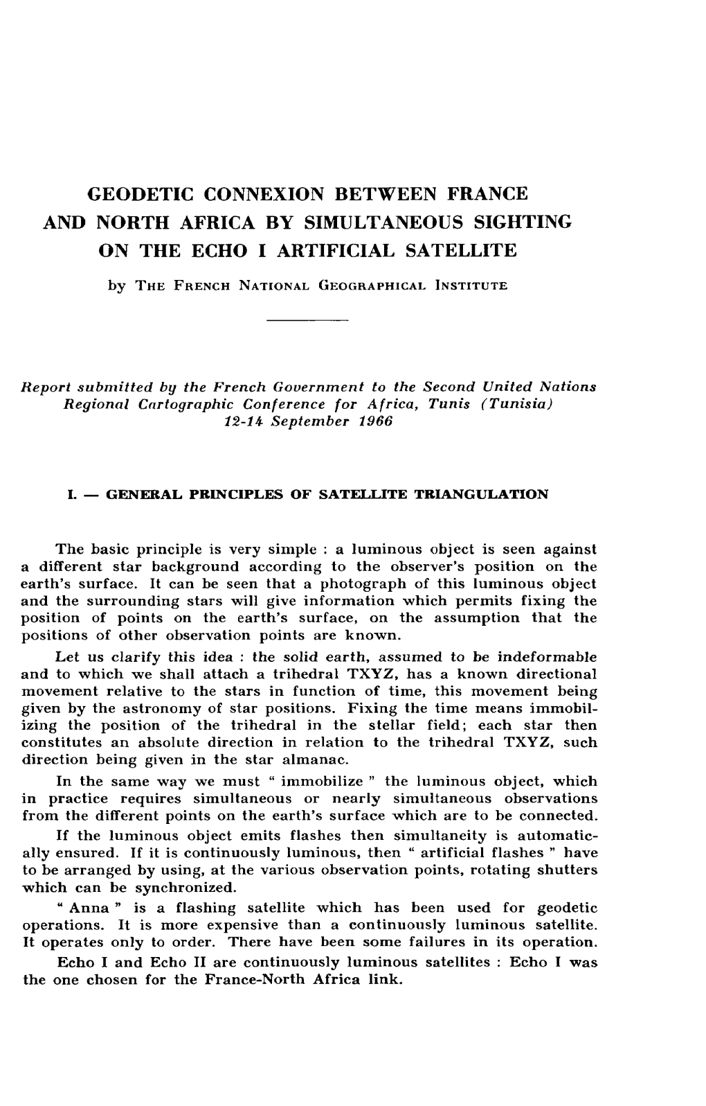 Geodetic Connexion Between France and North Africa by Simultaneous Sighting on the Echo I Artificial Satellite