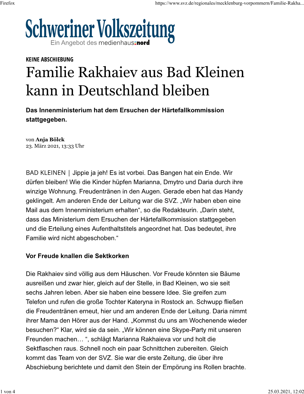 Familie Rakhaiev Aus Bad Kleinen Kann in Deutschland Bleiben