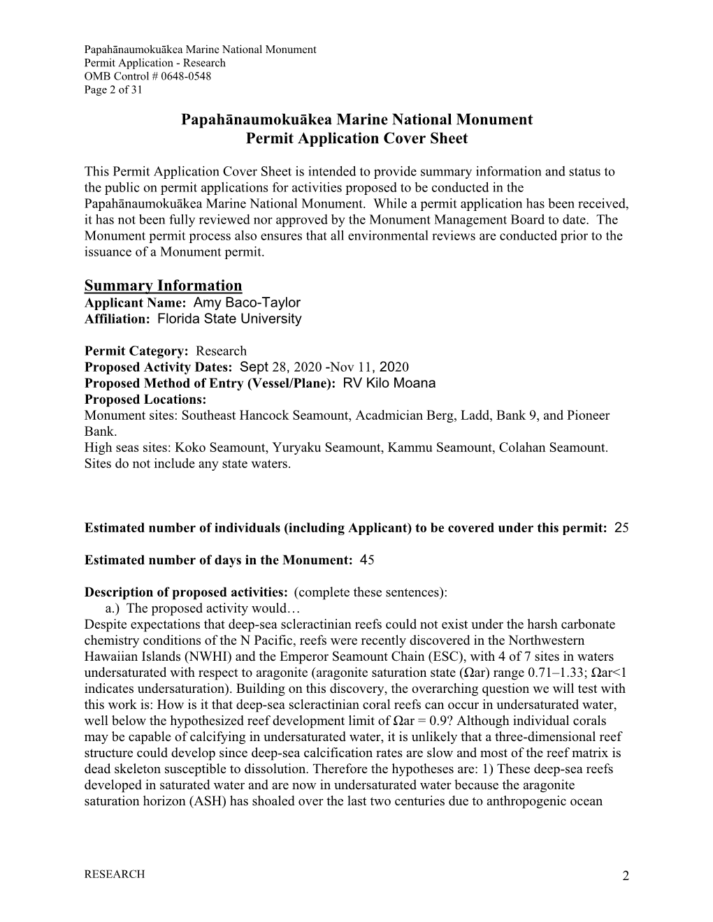 Papahānaumokuākea Marine National Monument Permit Application - Research OMB Control # 0648-0548 Page 2 of 31